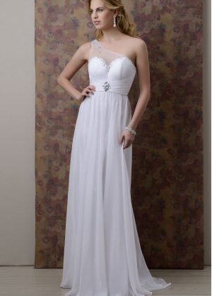One Shoulder Ivory Chiffon Tulle Beaded Prom Dress
